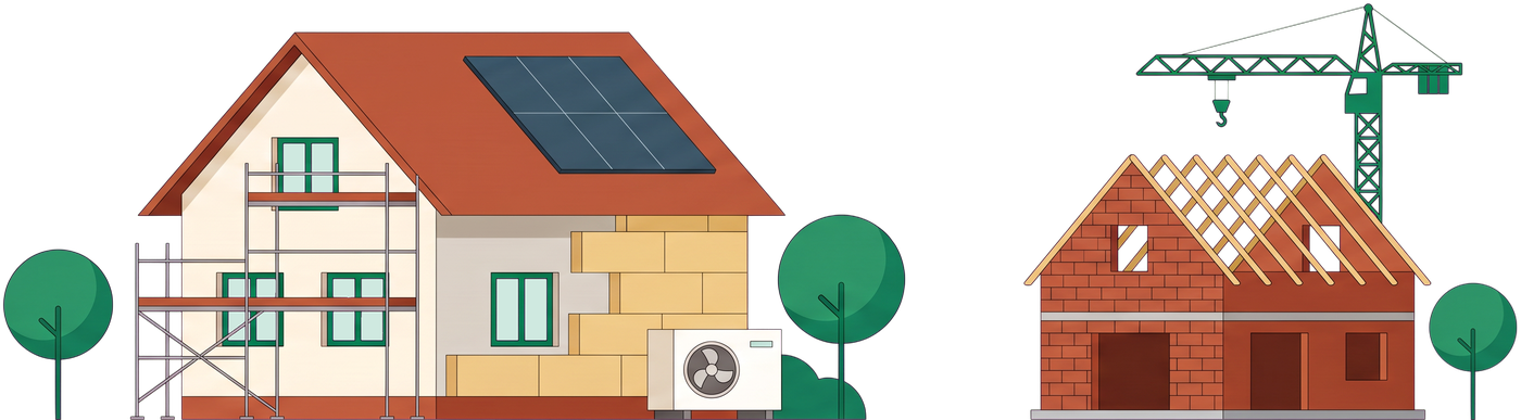 Illustration: ein Haus mit Gerüst, Dämmung, Solaranlage und Wärmepumpe, daneben ein Rohbau mit Kran